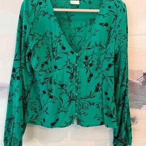 Abound Emerald Green Floral Button-Front Blouse